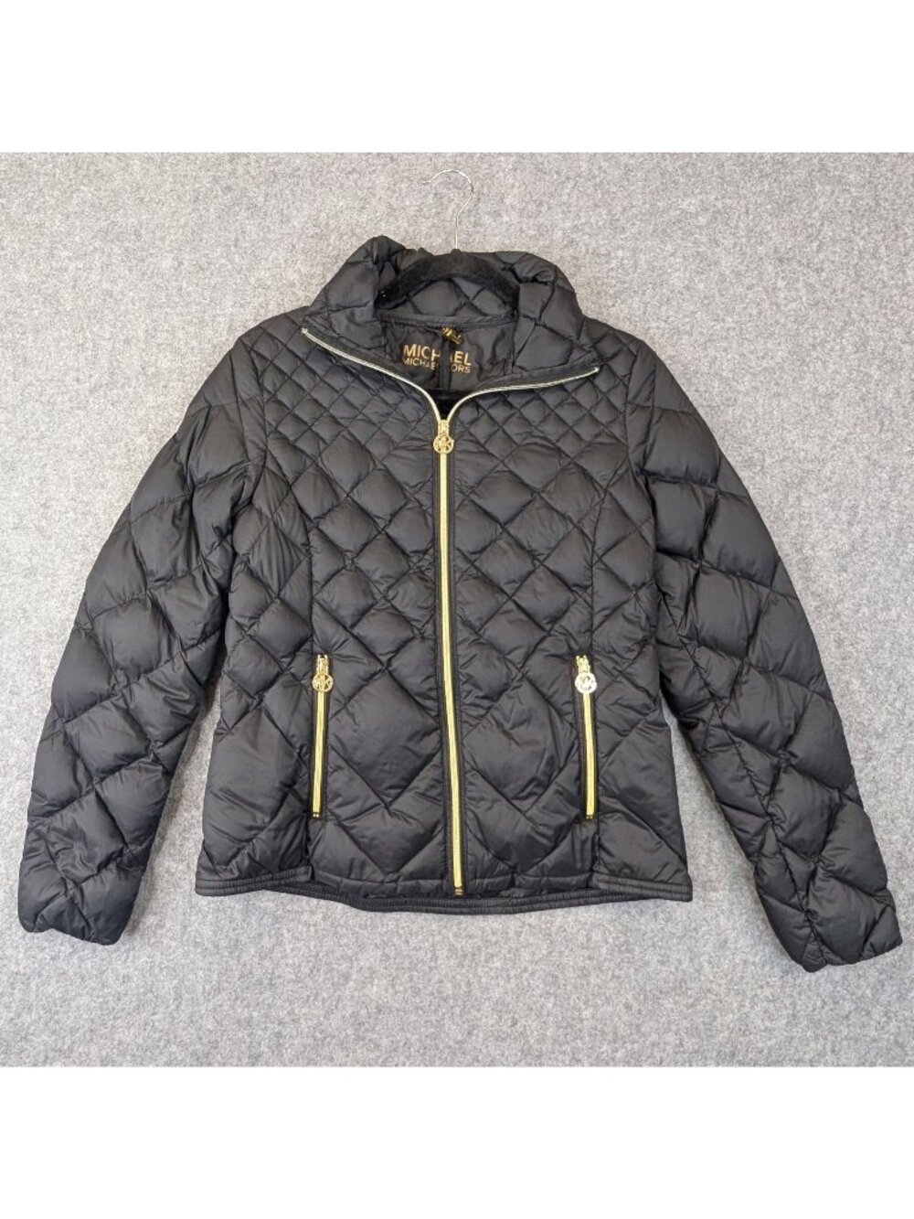 Michael Kors Packable Down Black Quilted Puffer Jacket Gold Accents Womens Sz M